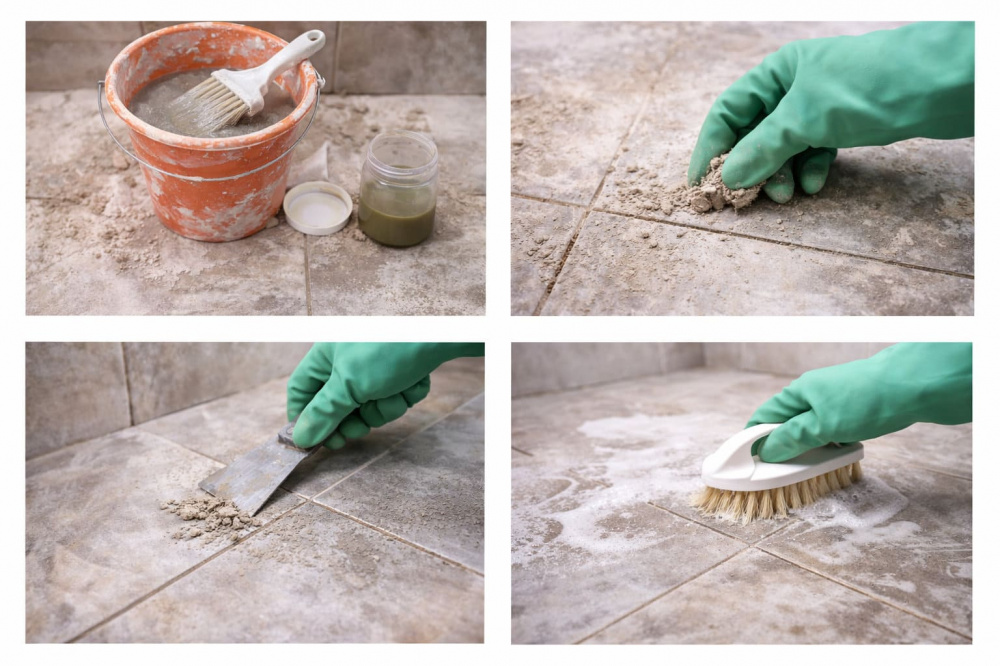 Как удалить остатки цемента с плитки
